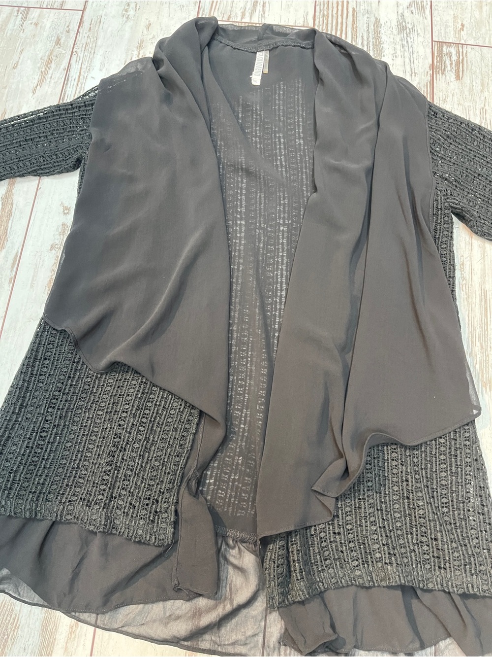 Monoreno Mixed Media Open Front Cardigan Womens Medium Black Crochet Chiffon - Picture 2 of 13